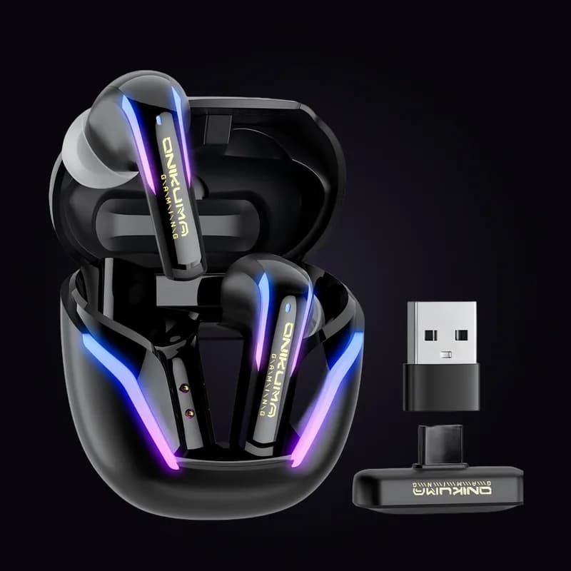 Onikuma gaming earbuds with charging case and dongle
